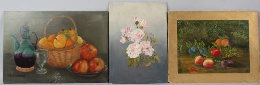 L A MARLAND Still life of a basket of fruit and jug signed unframed 31.5 x 46cm H J VALENTINE Pink