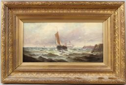 M SINCLAIR Shipping off a coastline oil on canvas inscribed verso 20 x 39.5cm