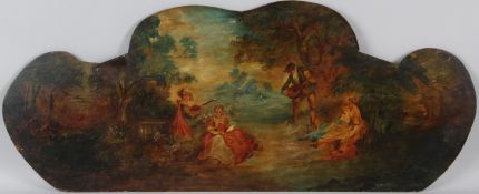 ROYAL INTEREST; VICTORIAN PAINTED BOAT TRANSOM PANEL A garden Idyll In the style of Watteau with