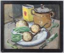 CONTINENTAL SCHOOL (20TH CENTURY) Still life of kitchen utensils and vegetables oil on card 30 x