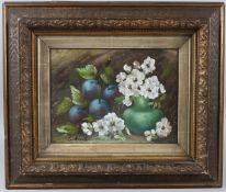 19TH CENTURY SCHOOL Still life of flowers and fruit oil on canvas signed indistinctly 22 x 29.5cm