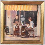 MODERN BRITISH SCHOOL Figures outside a cafe oil on canvas board 30 x 30cm