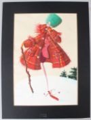 CONTINENTAL SCHOOL (20TH CENTURY) Stylised lady in a fur hat and tartan coat gouache unframed 38 x