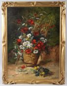 HENRI CAUCHOIS (1850-1911) Still life of daisies and poppies in a basket oil on canvas signed 72 x
