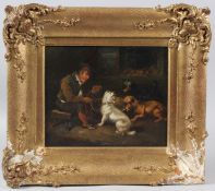 P JONES Interior scene of a gillie feeding terriers oil on canvas signed and dated 1856 19.5 x 24cm