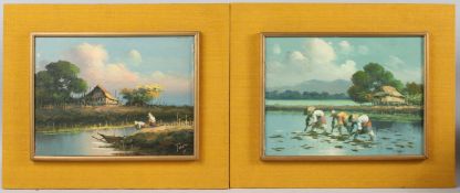 SOUTH EAST ASIAN SCHOOL View of a paddy field and another of a boat by a river pair of oils on