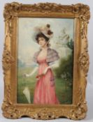 T.MOROSINI Portrait of a woman in a garden oil on board signed 36 x 23cm