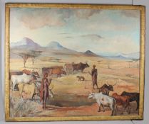 JOYCE BUTLER Kenyan landscape with Maasai herdsmen watercolour signed 112.5 x 135cm