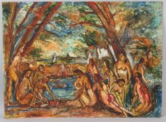 AFTER CEZANNE Bathers in a Fauvist style oil on board unframed 53.5 x 72.5cm
