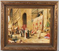 MIDDLE EASTERN SCHOOL Street market with carpet sellers oil on canvas signed indistinctly 48 x 59.