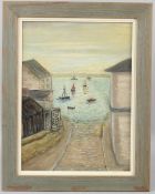MODERN BRITISH SCHOOL Slipway between fishermen's cottages oil on board signed indistinctly 40 x