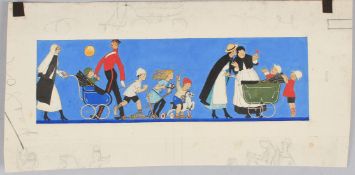 CIRCLE OF CHLOE PRESTON Design for a nursery frieze with children and nannies watercolour and