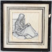 ROTI Young woman seated on a cushion pencil on tracing paper signed 15 x 15cm