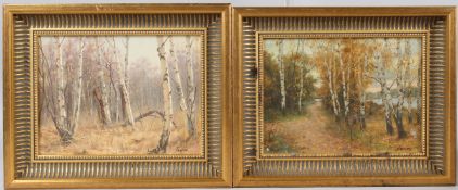 RUSSIAN SCHOOL Woodland views with Silver Birch pair of oil on boards signed and inscribed verso