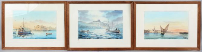 GALEA Grand Harbour Malta and two other Maltese harbour views watercolours signed and inscribed,