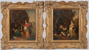 AFTER GABRIEL METSU Poultry seller and Game seller pair of oils on metal panels 19.5 x 16.5cm (2)