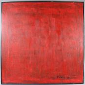 IN THE MANNER OF MUBIN ORHON (TURKISH). ABSTRACT IN RED, oil on canvas, framed. 93cms x 93cms.