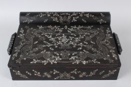 A 19TH CENTURY ANGLO INDIAN EBONY AND BONE INLAID WRITING SLOPE, with folding writing slope,