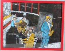 FIKRET MUALLA (TURKISH). THE JAZZ BAND, mixed media on paper, framed and glazed, signed. 66cms x