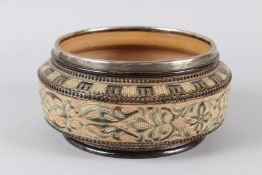 A ROYAL DOULTON SLATER'S PATENT CIRCULAR BOWL, with silver rim and incised decoration. Rim