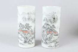 A PAIR OF CHINESE PORCELAIN REPUBLICAN STYLE SLEEVE VASES, painted with winter landscapes. 26cms