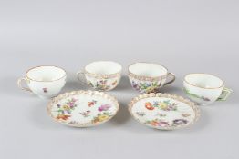 TWO DRESDEN PORCELAIN CUPS AND SAUCERS, with floral decoration; together with two floral decorated