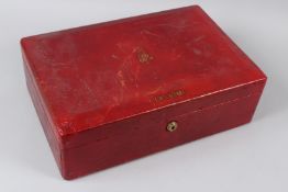 A GEORGE V LEATHER DESPATCH BOX, belonging to LORD SANKEY, with brass carrying handle. 46cms x
