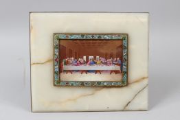 A LATE 19TH CENTURY ENAMEL PLAQUE DEPICTING THE LAST SUPPER, in an ormolu and champleve enamel