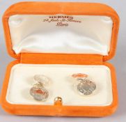 A PAIR OF HERMES SILVER CUFFLINKS, with original box.