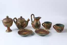 A VERY UNUSUAL 19TH - 20TH CENTURY INDIAN KASHMIRI PAINTED PAPIER MACHE TEA SET. Teapot 14cms high