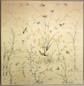 A GOOD, LARGE, 20TH CENTURY CHINESE SILKWORK PANEL, depicting a scene of a pond with a bird on a