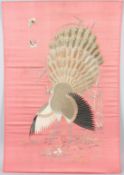 A 20TH CENTURY CHINESE SILKWORK PANEL, pink ground embroidered with a colourful peacock, mounted