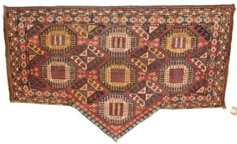 AN ANTIQUE TURKMEN OR TURKISH WOOLLEN ASMALYK (HANGING). 130cms x 80cms.