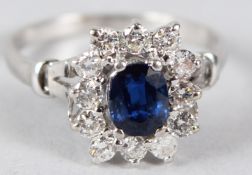 AN 18K WHITE GOLD, SAPPHIRE AND DIAMOND SQUARE RING.