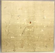 A GOOD, LARGE, 20TH CENTURY CHINESE SILKWORK PANEL, depicting a scene of a pond with a bird on a