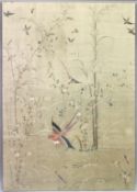 A GOOD, LARGE, 20TH CENTURY CHINESE SILKWORK PANEL, depicting a scene of a pond with a bird on a