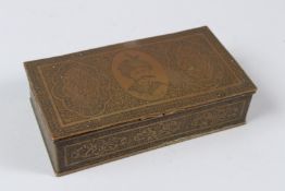 A FINELY ENGRAVED 19TH CENTURY PERSIAN QAJAR BRASS BOX depicting Shah Abbas. 15cms x 8cms.