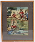 A 19TH CENTURY PERSIAN QAJAR PAINTING depicting Khusro and Shirin. 23cms x 16cms