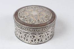 A VERY FINE 19TH CENTURY OTTOMAN OR RUSSIAN NIELLO AND SILVER MOUNTED STEEL BOX. 12.5cms diameter
