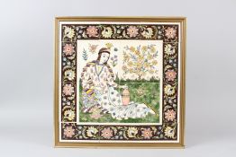 A MID 20TH CENTURY ISLAMIC TILE PICTURE, painted with a reclining female figure in a garden setting,