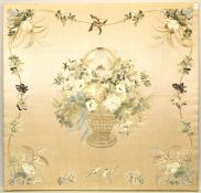 A 20TH CENTURY CHINESE SILKWORK PANEL, beige ground, embroidered to the centre with a basket of