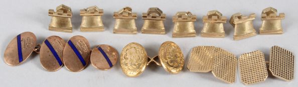 TWO PAIRS OF 9CT GOLD CUFFLINKS, a single 9ct gold cufflink, and eight 9ct gold castle shaped tie