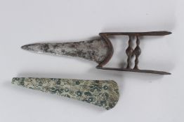 A 19TH CENTURY INDIAN STEEL KATAR, with scabbard. 32cms long.