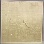 A GOOD, LARGE, 20TH CENTURY CHINESE SILKWORK PANEL, depicting a scene of a pond with a bird on a