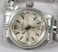 A TUDOR PRINCESS OYSTERDATE LADIES STAINLESS STEEL WRISTWATCH, with original strap, glass broken.