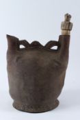 A VERY LARGE 16TH - 17TH CENTURY OTTOMAN, POSSIBLY BALKANS, LEATHER WATER CONTAINER. 36cms high