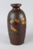 AN UNUSUAL JAPANESE EARTHENWARE BOTTLE VASE, with gilded raised decoration depicting a quail on a