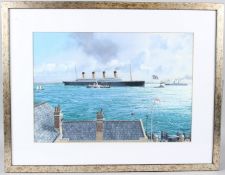 THE TITANIC setting sail with other boats, including a paddle steamer. Signed. Watercolour and wash.