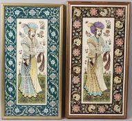 A PAIR OF MID 20TH CENTURY ISLAMIC TILE PICTURES, each depicting a standing male figure holding a