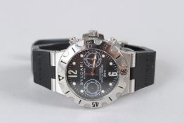 A BULGARI STAINLESS STEEL DIAGONO AUTOMATIC CHRONOMETER 200M with black strap, in case.